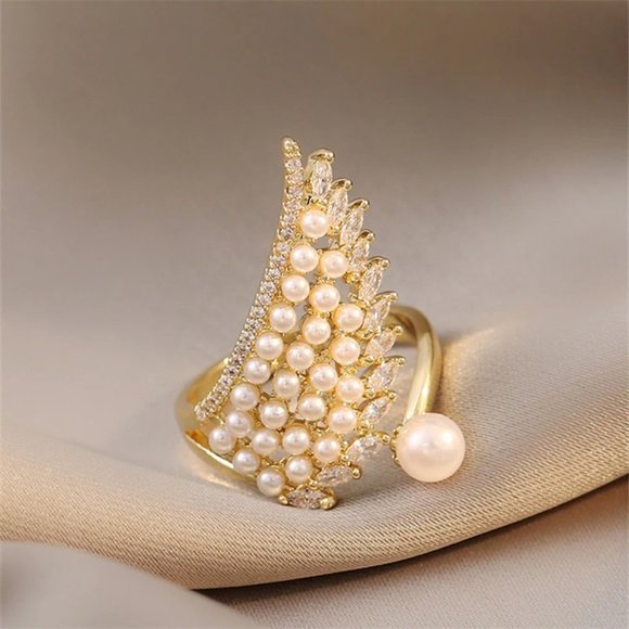 luxury pearl zircon stylish and unusual jewelry opening adjustable ring - Picture 4 of 6